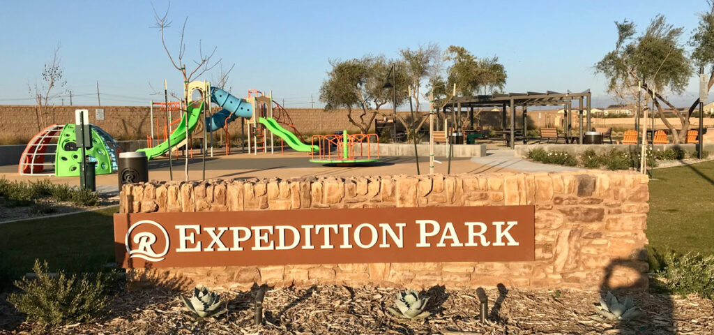 Expedition Park is a new, safe, and family-friendly location with a playground and covered seating.