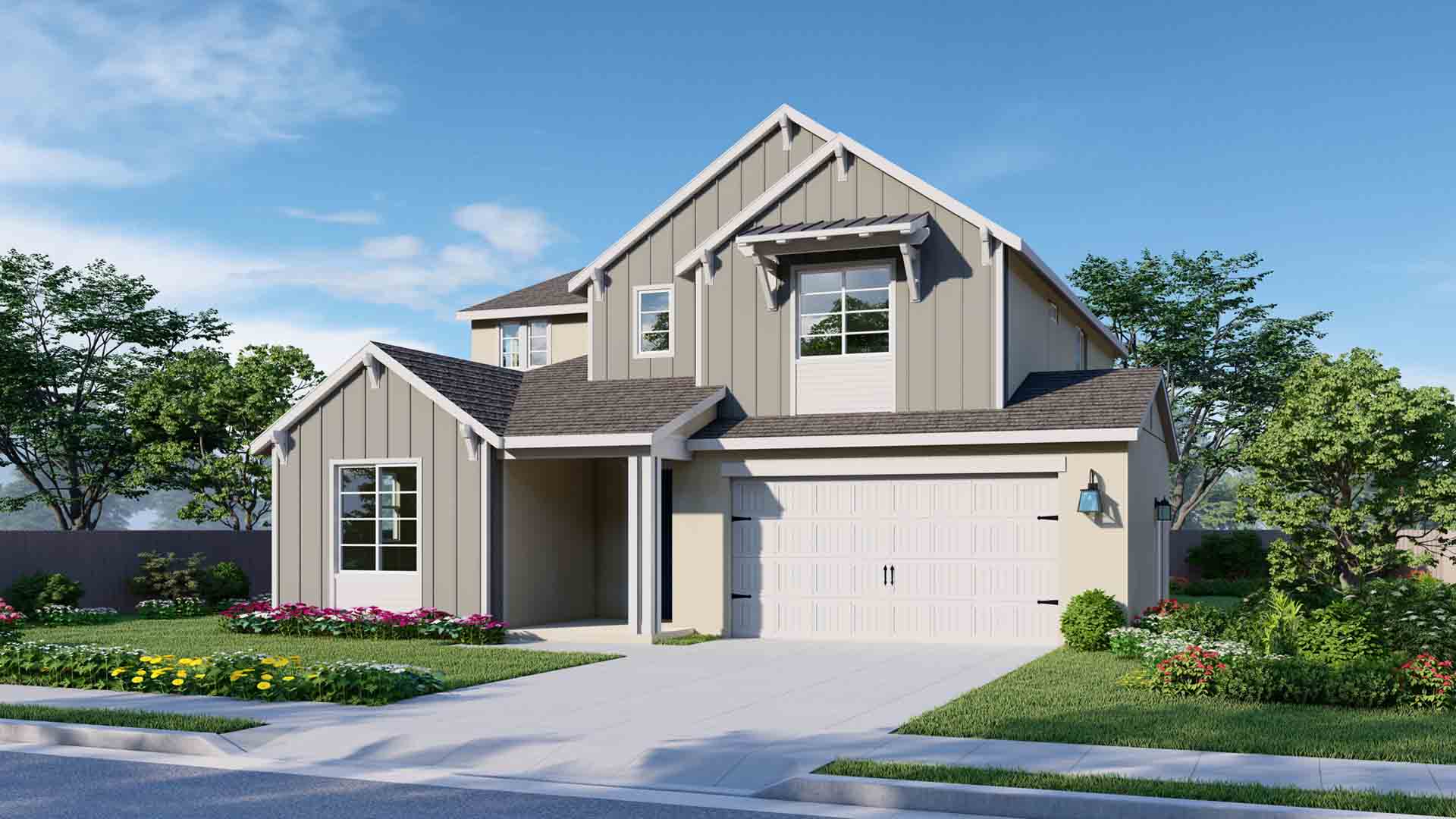 All Elise elevations are two-story homes. The Modern Farmhouse elevation features trim and details that give it a welcoming farmhouse look. The model pictured has light gray vertical siding on both the lower and upper floors, with white trim. The garage door is white and has paneling and metal accents that give it an elevated look.