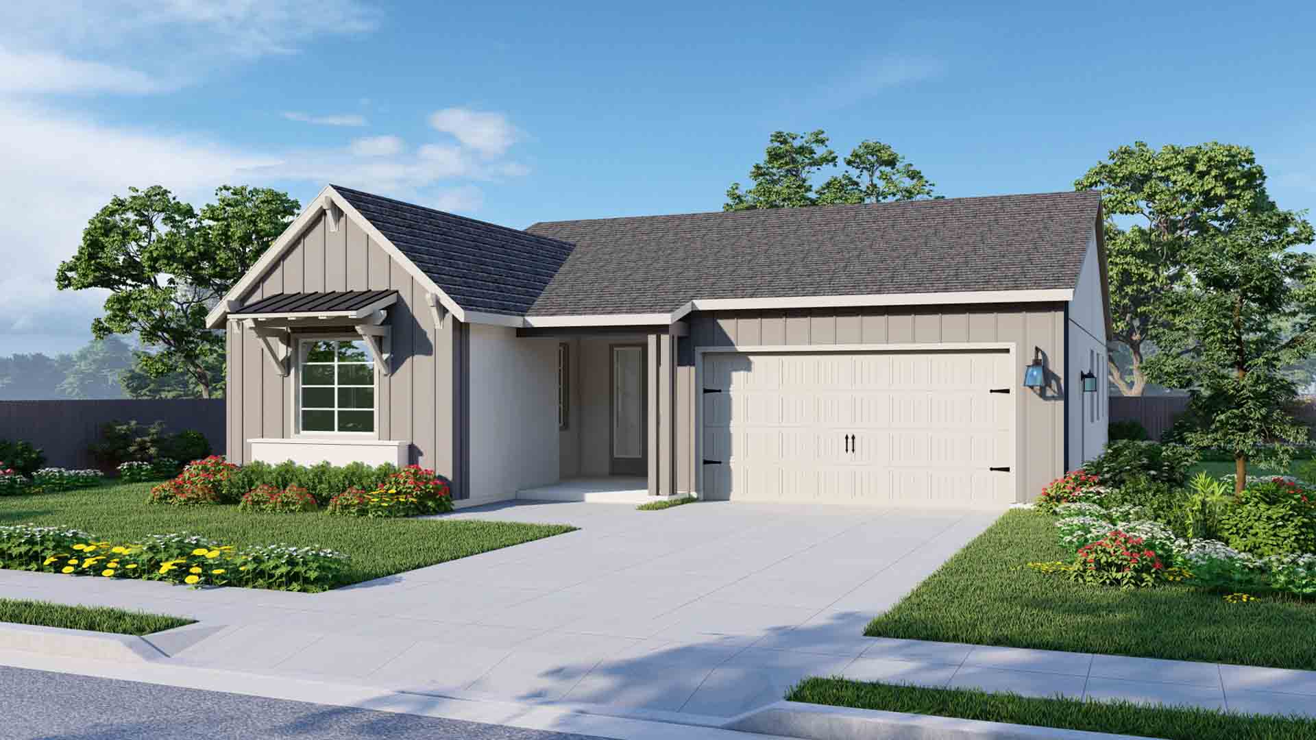 All Savannah elevations are one-story homes. The Modern Farmhouse elevation features trim and details that give it a welcoming farmhouse look. The model pictured has light gray vertical siding with white trim. The garage door is white and has paneling and metal accents that give it an elevated look.