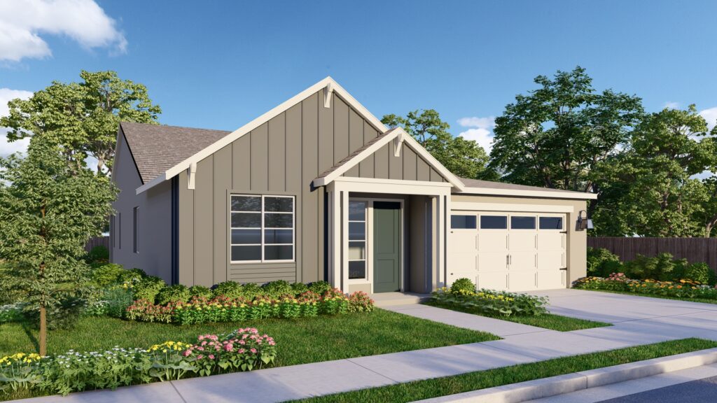 All Lexington elevations are single-story homes. The Modern Farmhouse elevation features trim and details that give it a welcoming farmhouse look. The model pictured has light gray vertical siding with white trim. The garage door is white and has paneling and windows that give it an elevated look.